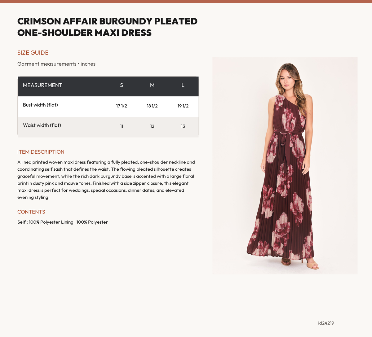 CRIMSON AFFAIR BURGUNDY PLEATED ONE-SHOULDER MAXI DRESS size chart