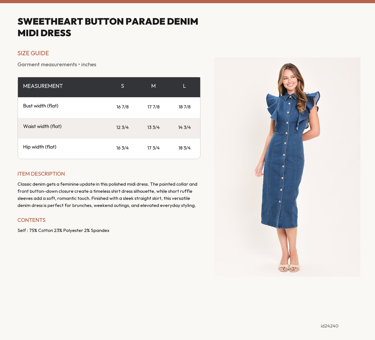 SWEETHEART BUTTON PARADE DENIM MIDI DRESS size chart