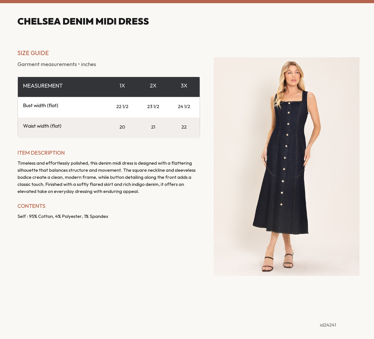 CHELSEA DENIM MIDI DRESS size chart