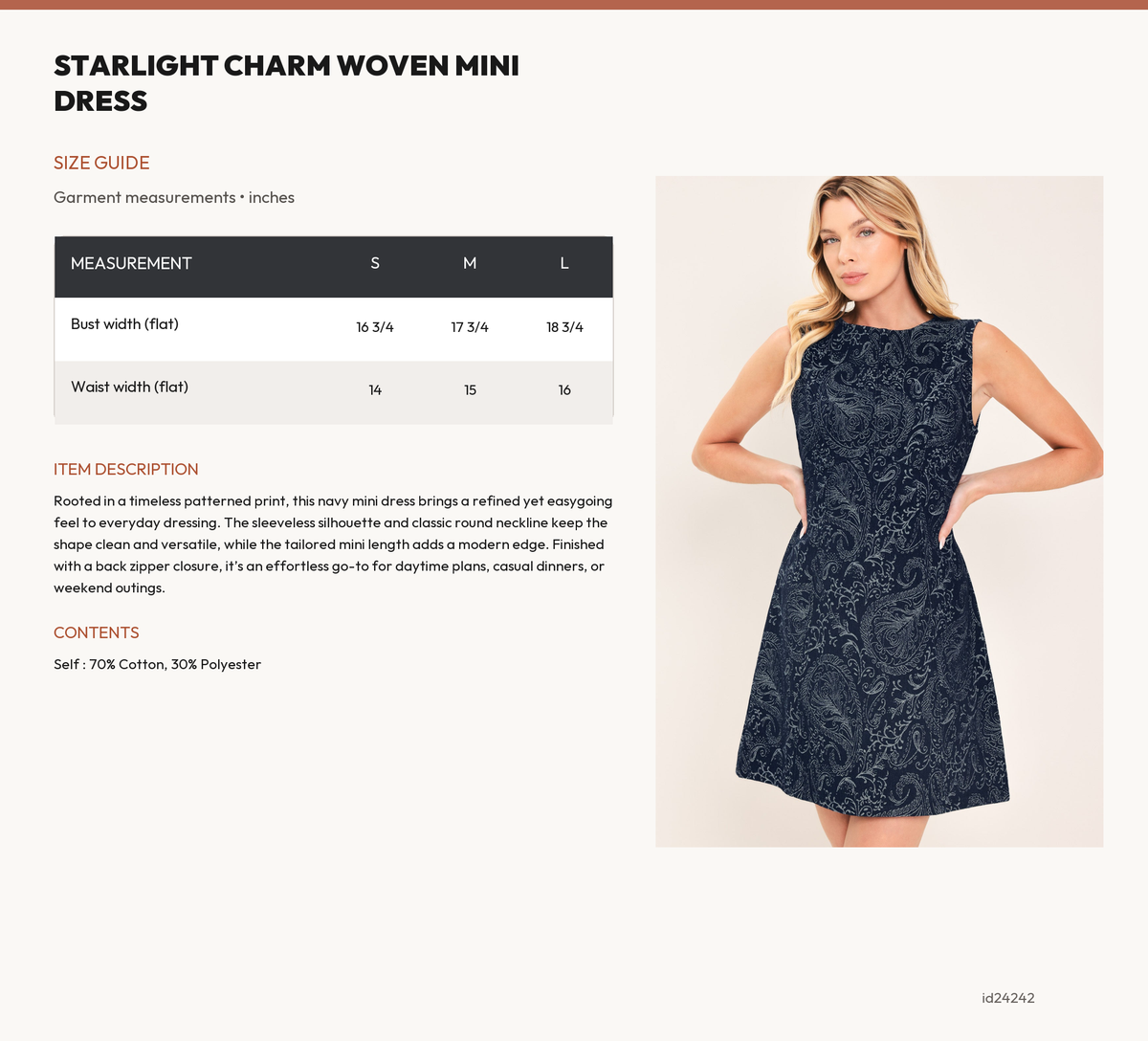 STARLIGHT CHARM WOVEN MINI DRESS size chart