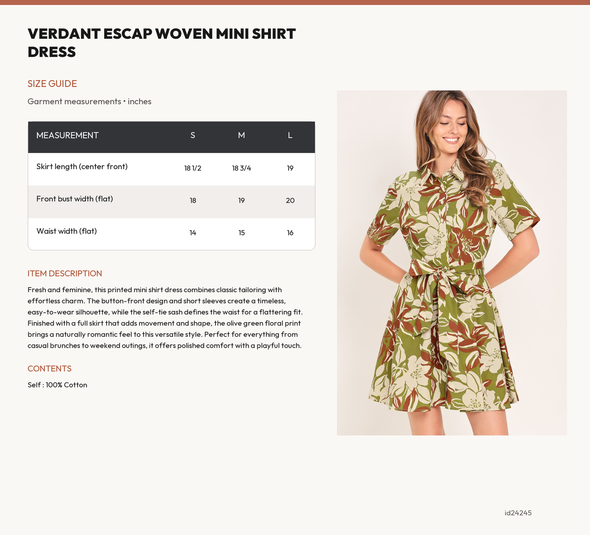 VERDANT ESCAP WOVEN MINI SHIRT DRESS size chart