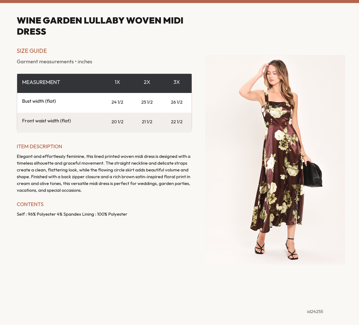 WINE GARDEN LULLABY WOVEN MIDI DRESS size chart