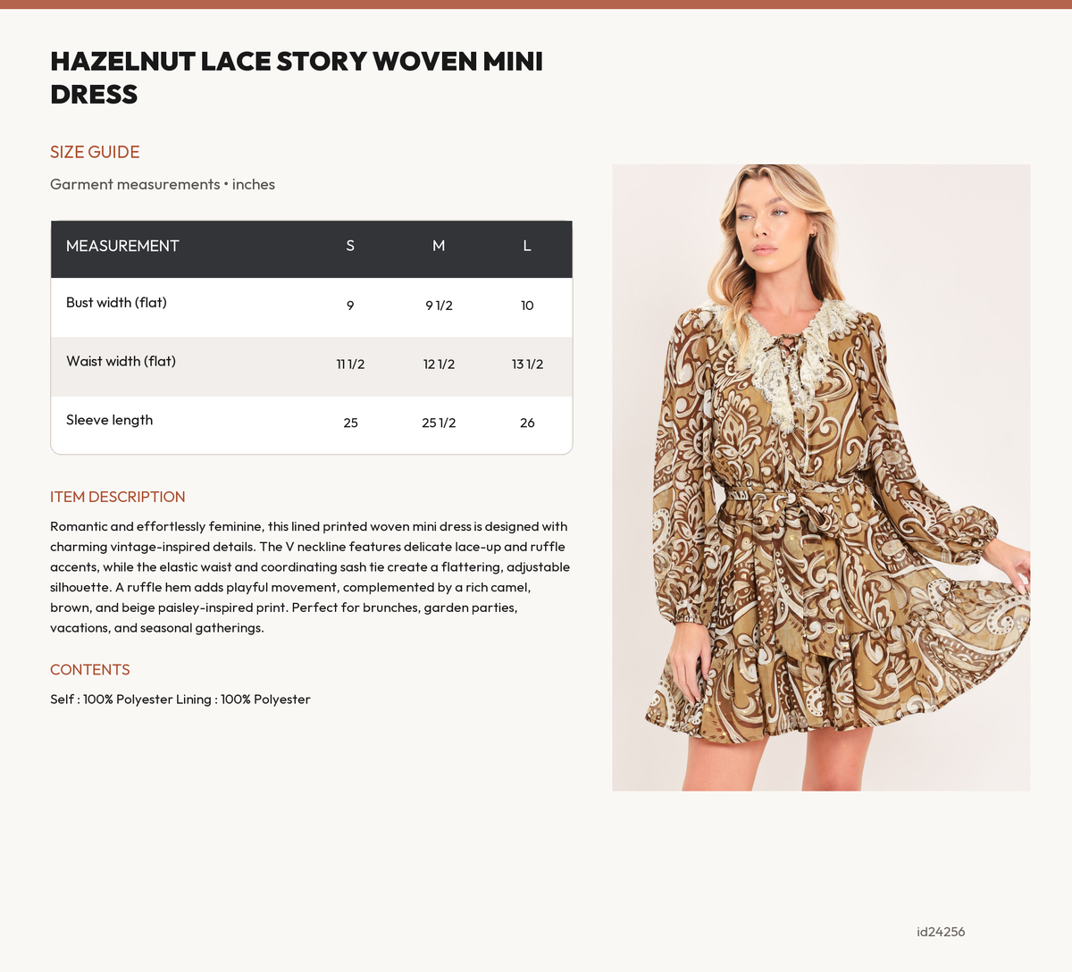 HAZELNUT LACE STORY WOVEN MINI DRESS size chart