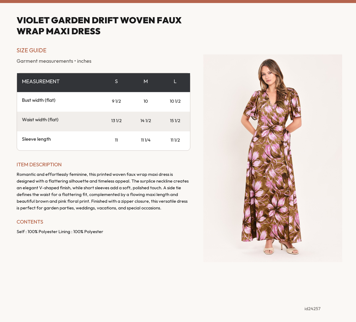 VIOLET GARDEN DRIFT WOVEN FAUX WRAP MAXI DRESS size chart