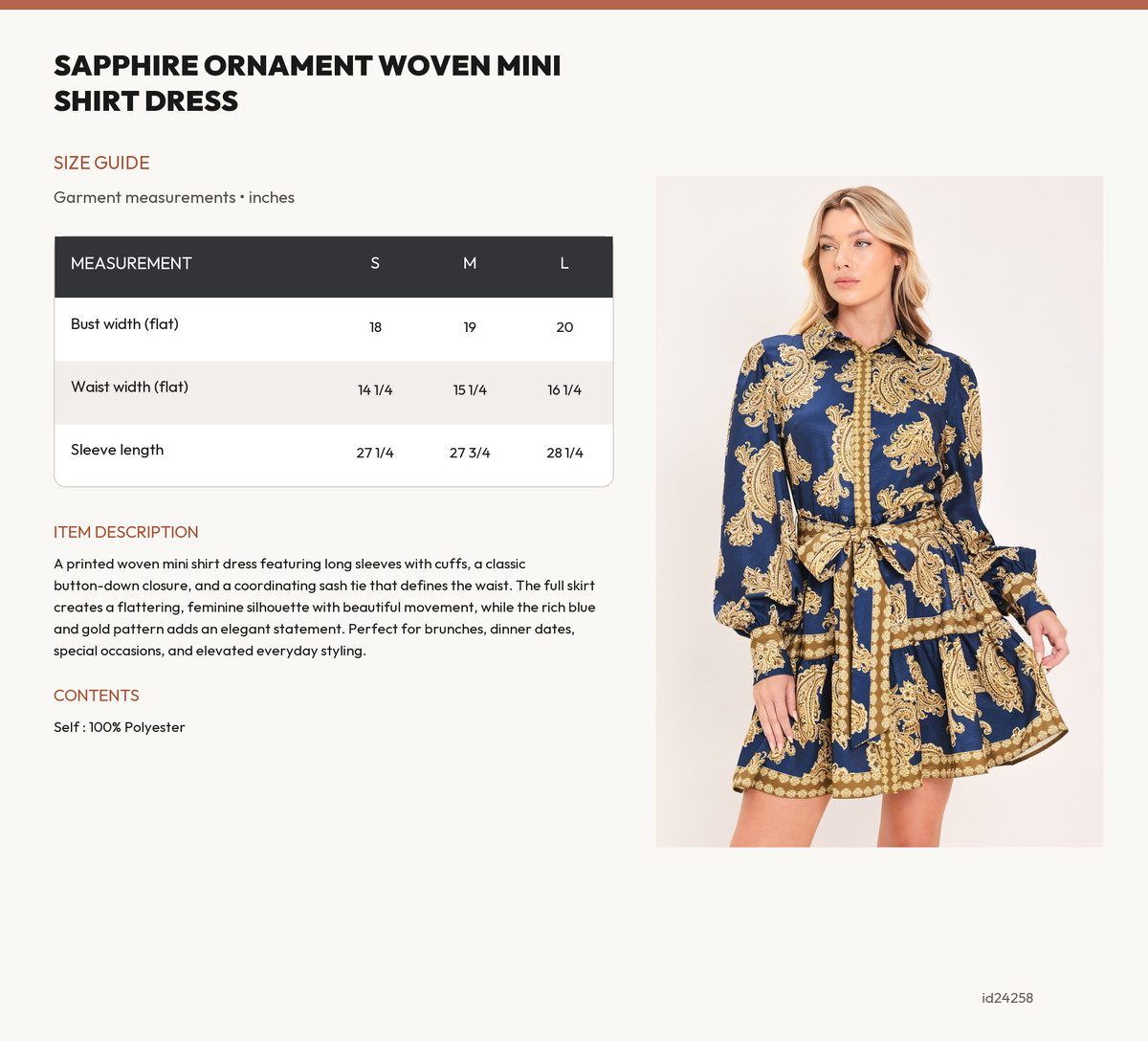 SAPPHIRE ORNAMENT WOVEN MINI SHIRT DRESS size chart