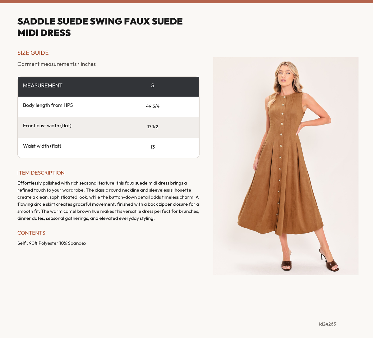 SADDLE SUEDE SWING FAUX SUEDE MIDI DRESS size chart
