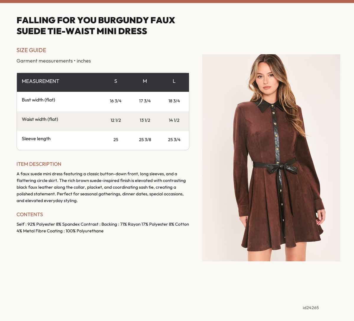 FALLING FOR YOU BURGUNDY FAUX SUEDE TIE-WAIST MINI DRESS size chart