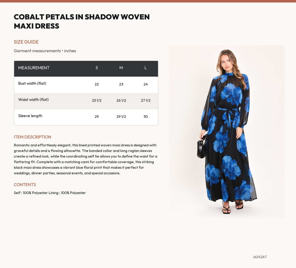 COBALT PETALS IN SHADOW WOVEN MAXI DRESS size chart