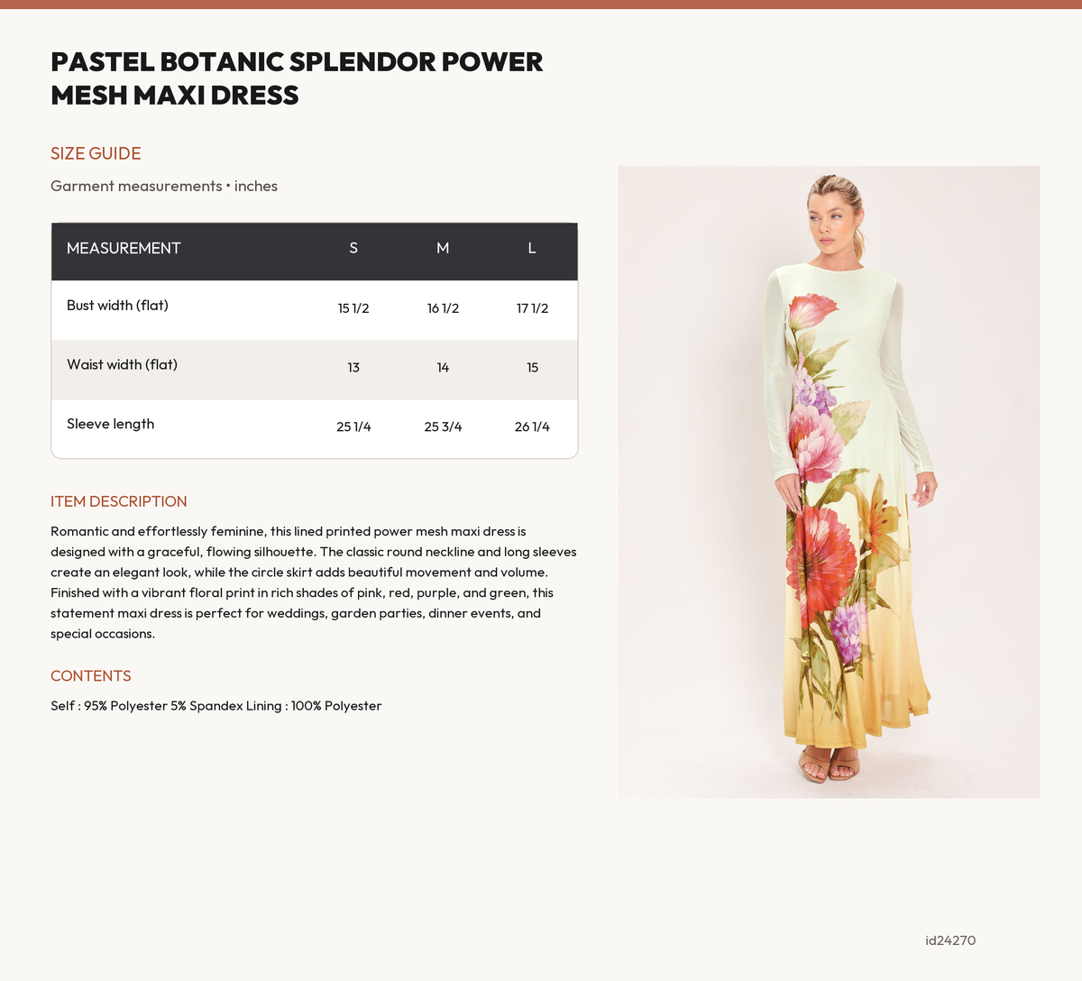 PASTEL BOTANIC SPLENDOR POWER MESH MAXI DRESS size chart