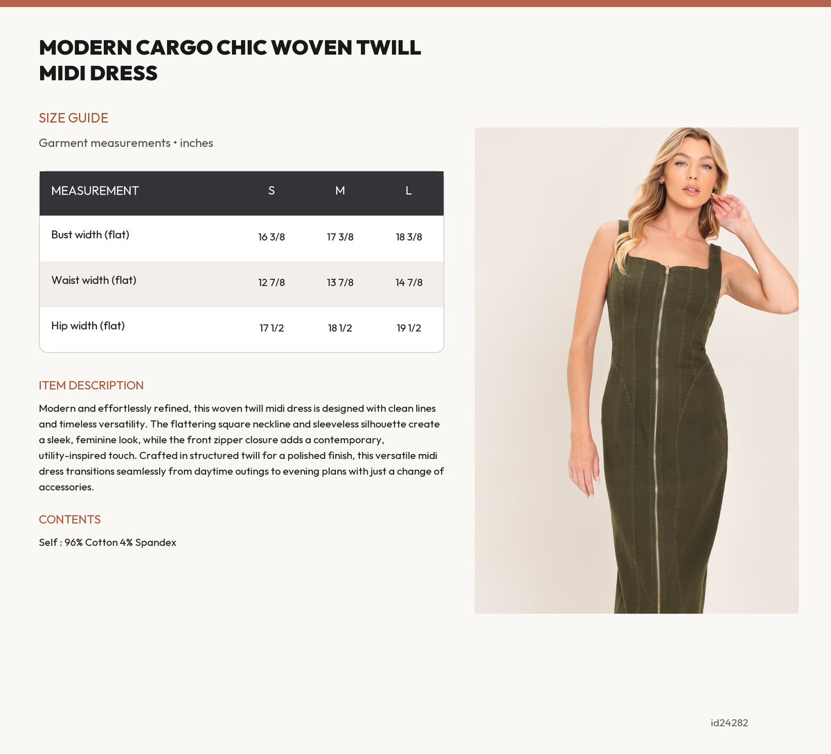 MODERN CARGO CHIC WOVEN TWILL MIDI DRESS size chart