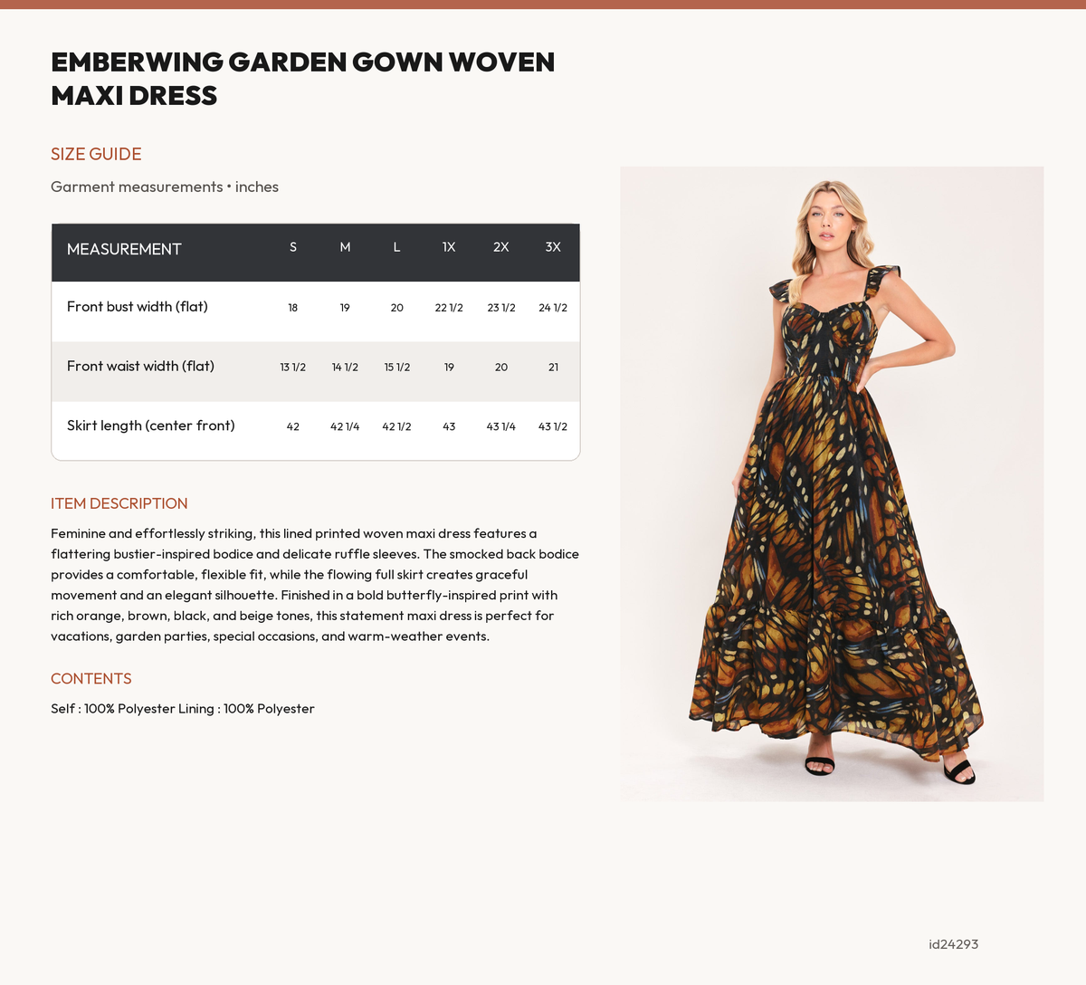 EMBERWING GARDEN GOWN WOVEN MAXI DRESS size chart