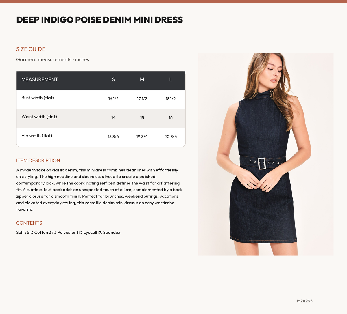 DEEP INDIGO POISE DENIM MINI DRESS size chart
