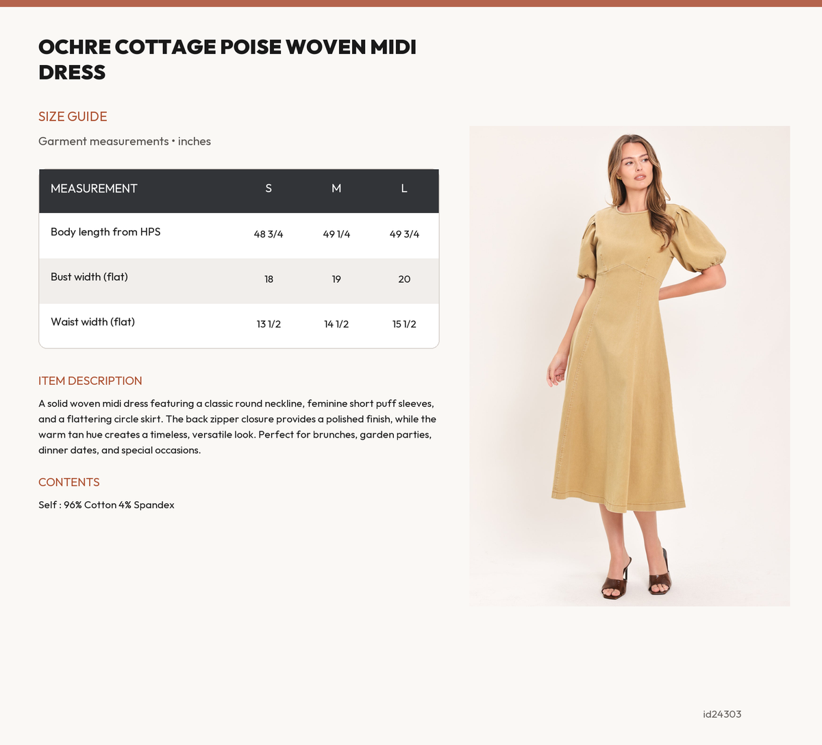 OCHRE COTTAGE POISE WOVEN MIDI DRESS size chart