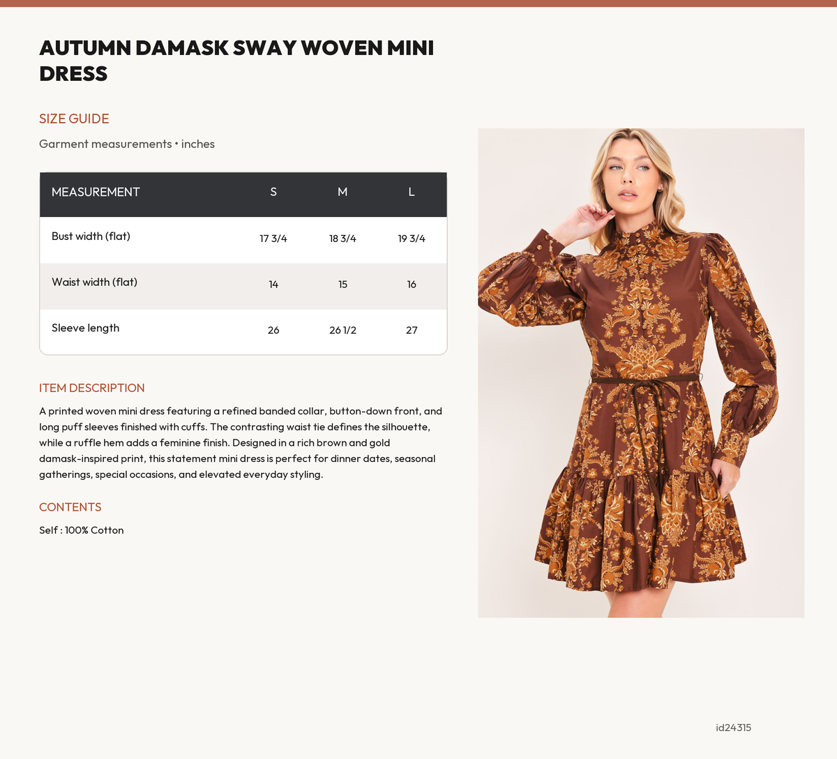 AUTUMN DAMASK SWAY WOVEN MINI DRESS size chart