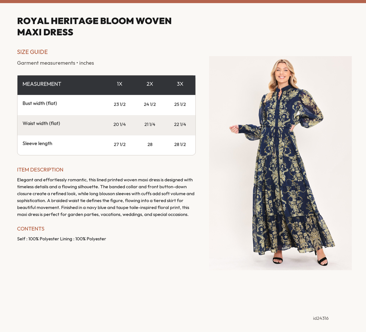 ROYAL HERITAGE BLOOM WOVEN MAXI DRESS size chart