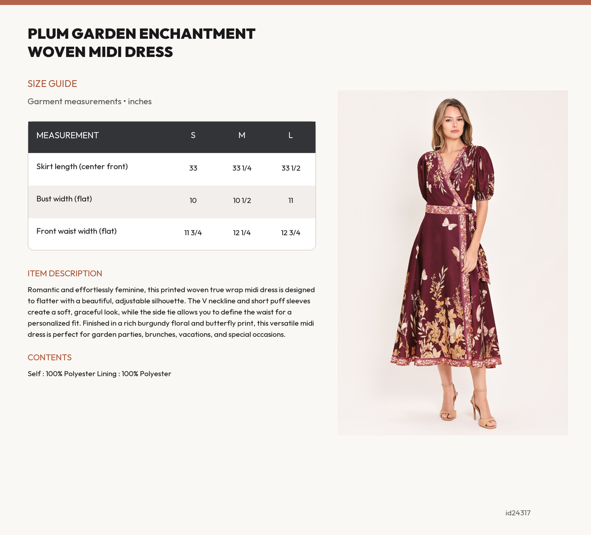 PLUM GARDEN ENCHANTMENT WOVEN MIDI DRESS size chart