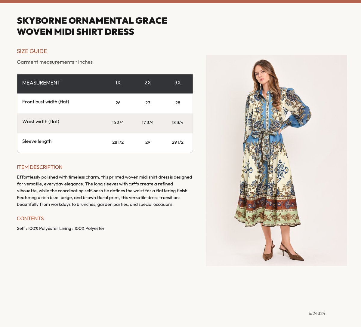 SKYBORNE ORNAMENTAL GRACE WOVEN MIDI SHIRT DRESS size chart