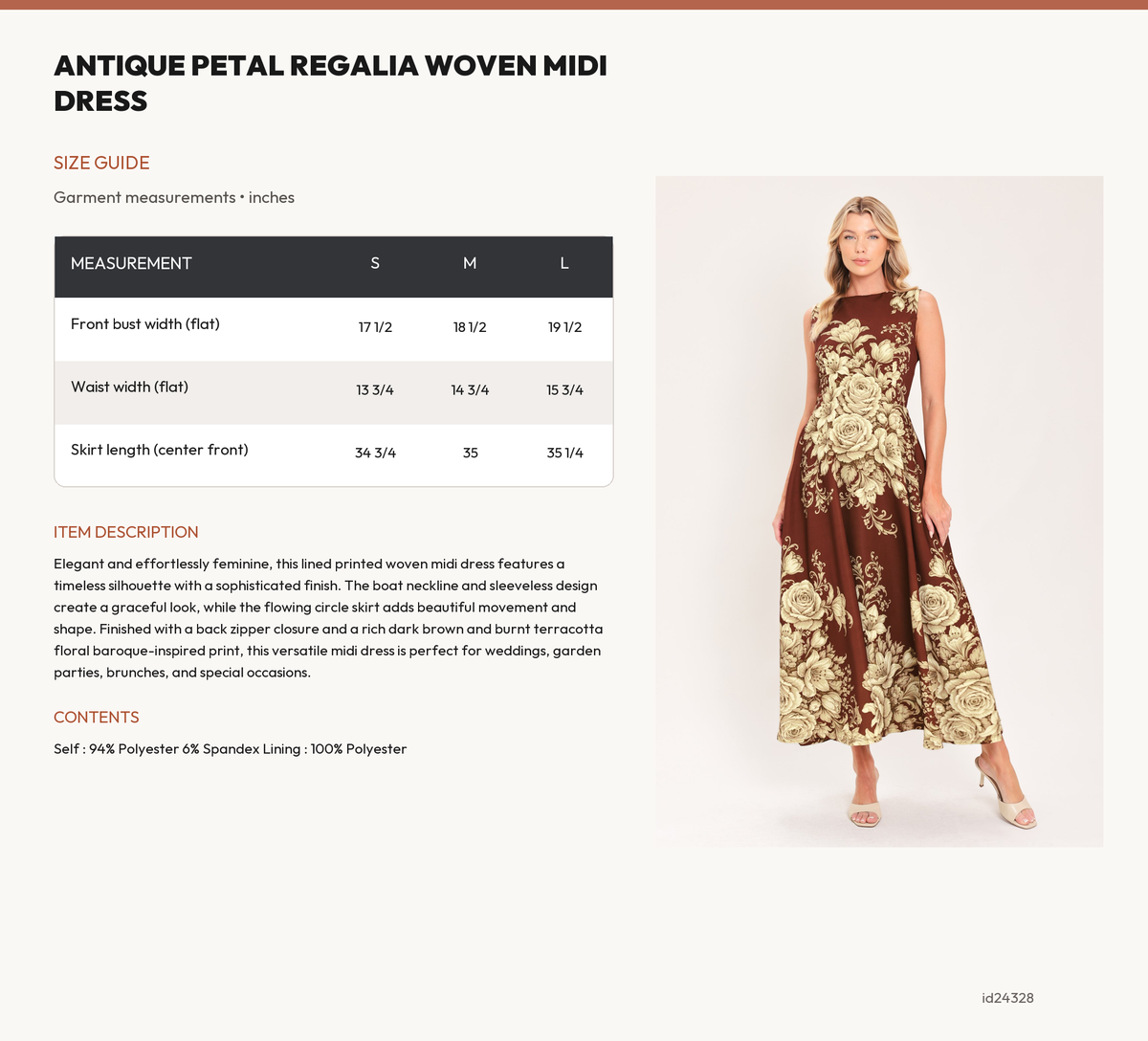ANTIQUE PETAL REGALIA WOVEN MIDI DRESS size chart
