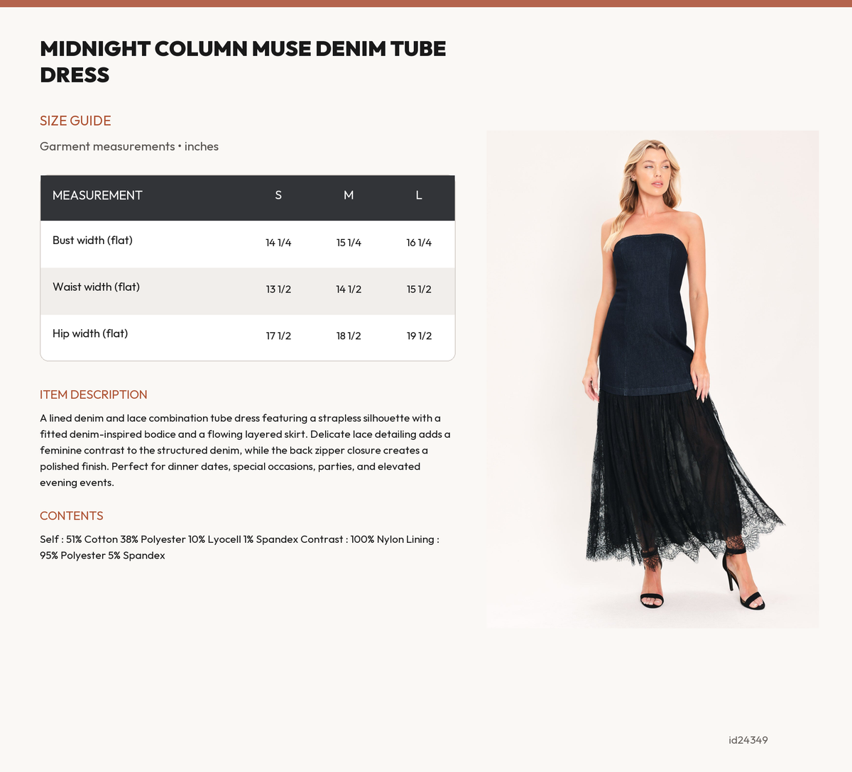 MIDNIGHT COLUMN MUSE DENIM TUBE DRESS size chart