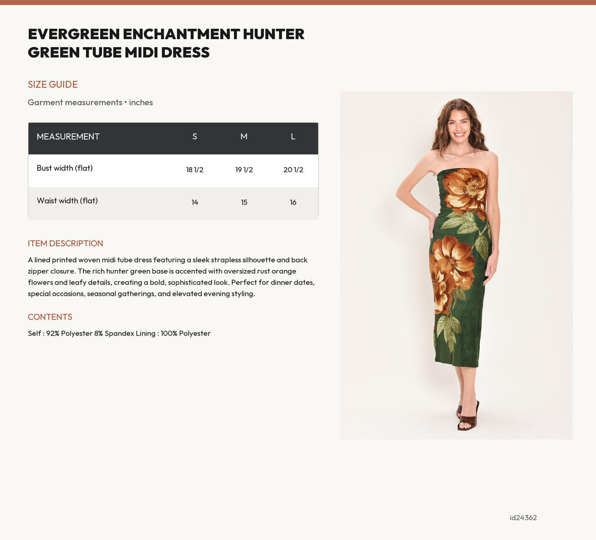 EVERGREEN ENCHANTMENT HUNTER GREEN TUBE MIDI DRESS size chart