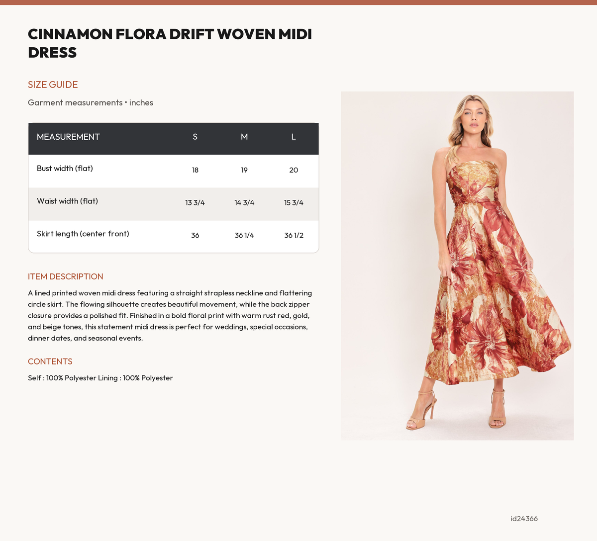 CINNAMON FLORA DRIFT WOVEN MIDI DRESS size chart
