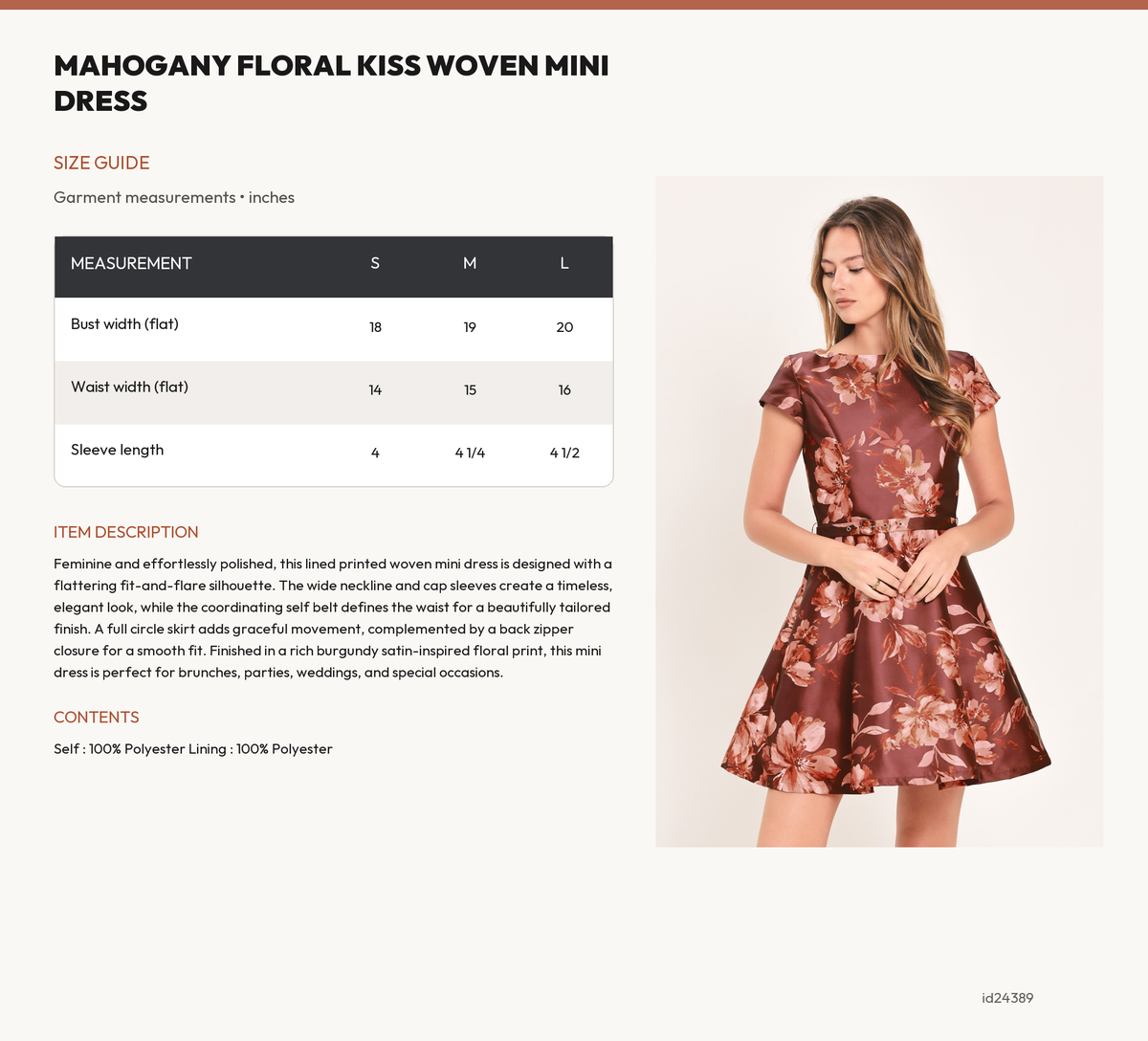 MAHOGANY FLORAL KISS WOVEN MINI DRESS size chart