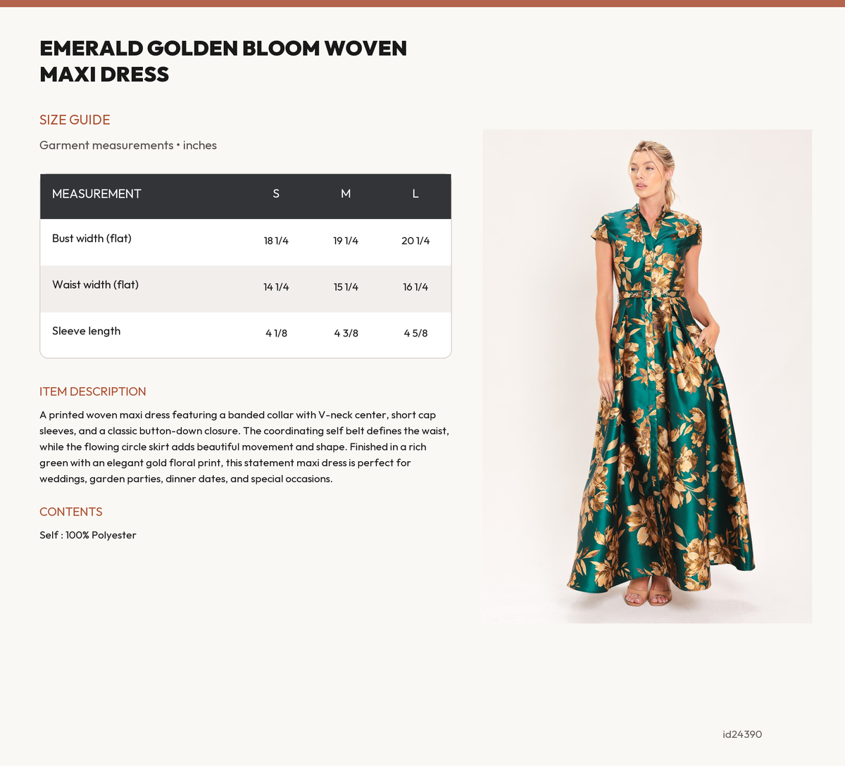 EMERALD GOLDEN BLOOM WOVEN MAXI DRESS size chart