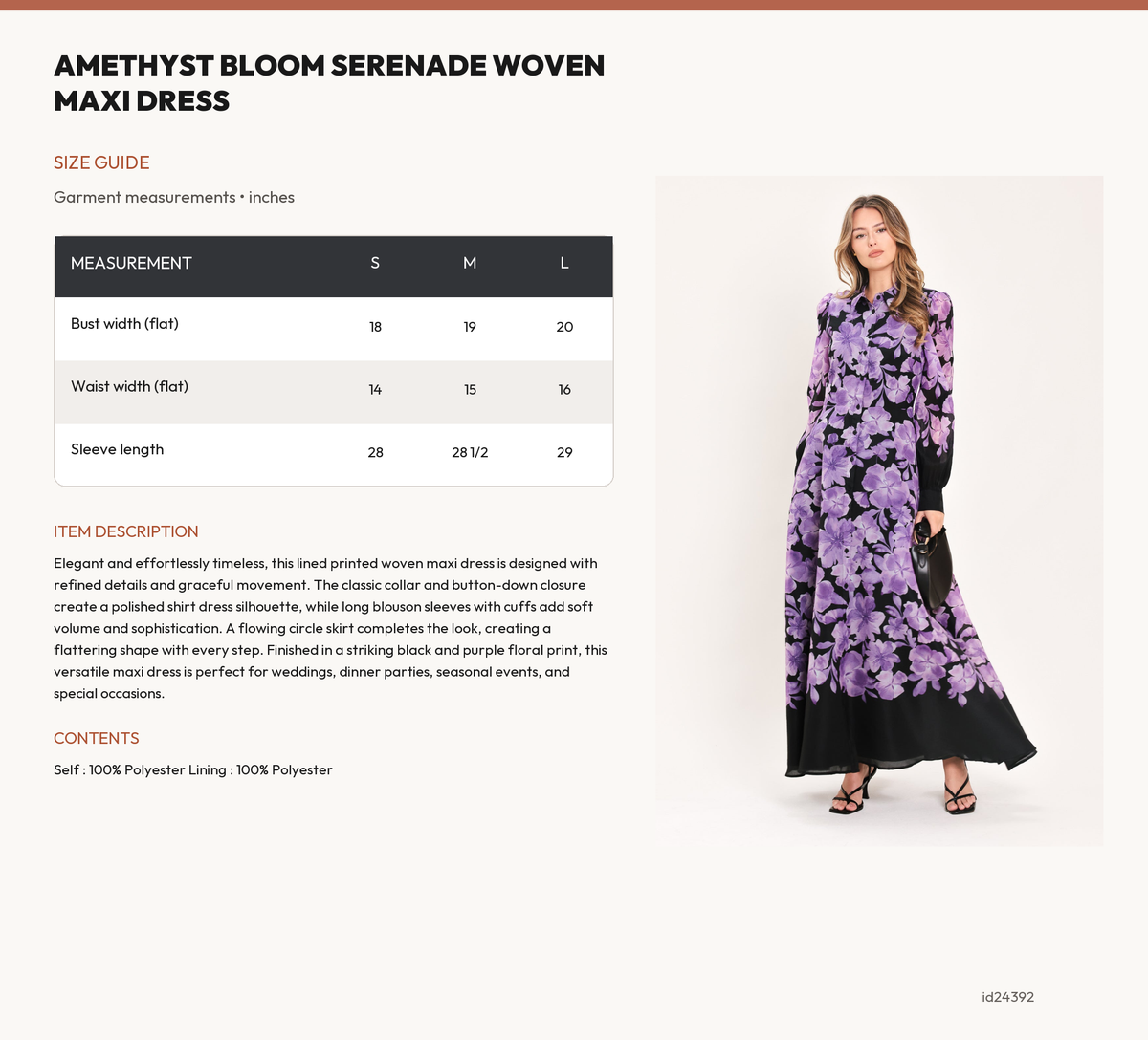 AMETHYST BLOOM SERENADE WOVEN MAXI DRESS size chart