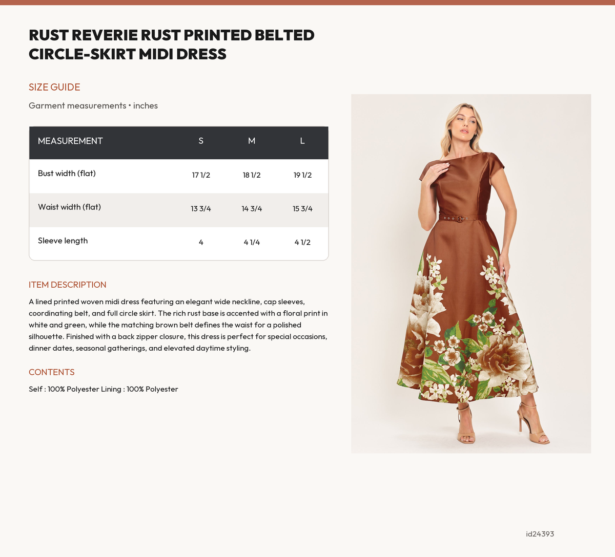 RUST REVERIE RUST PRINTED BELTED CIRCLE-SKIRT MIDI DRESS size chart