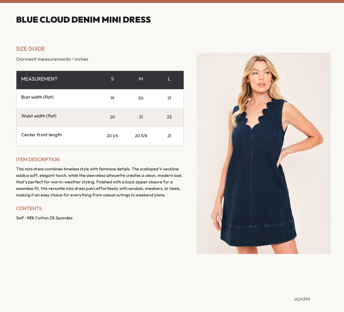 BLUE CLOUD DENIM MINI DRESS size chart