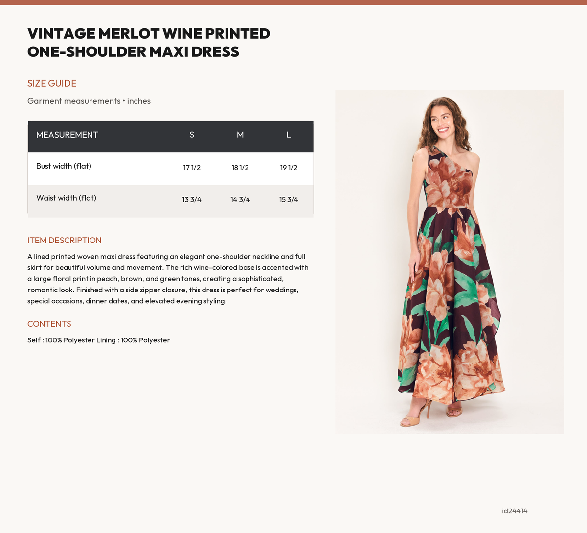 VINTAGE MERLOT WINE PRINTED ONE-SHOULDER MAXI DRESS size chart