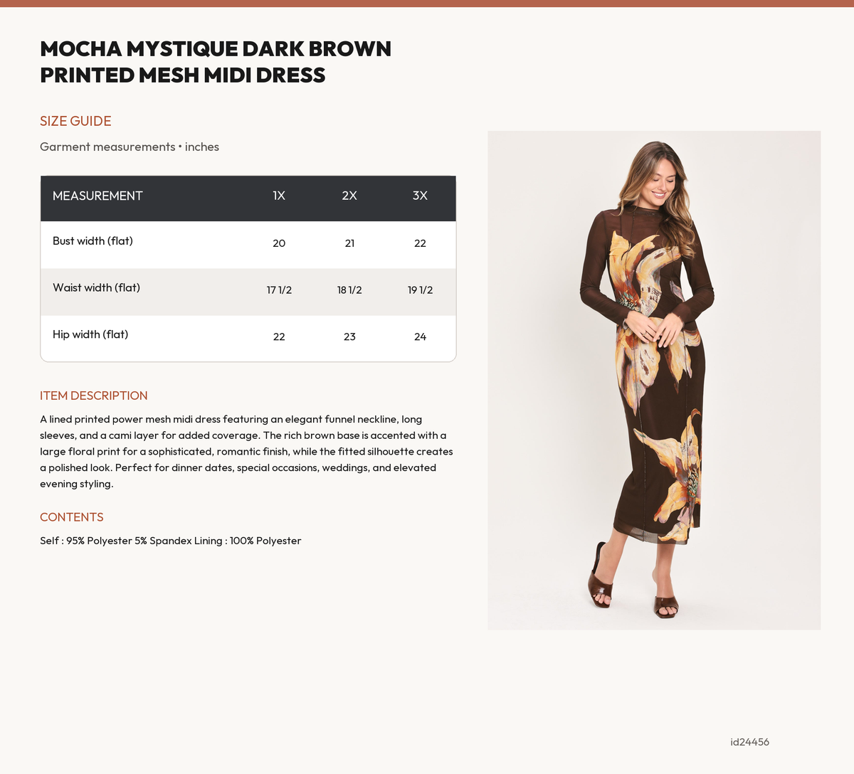 MOCHA MYSTIQUE DARK BROWN PRINTED MESH MIDI DRESS size chart