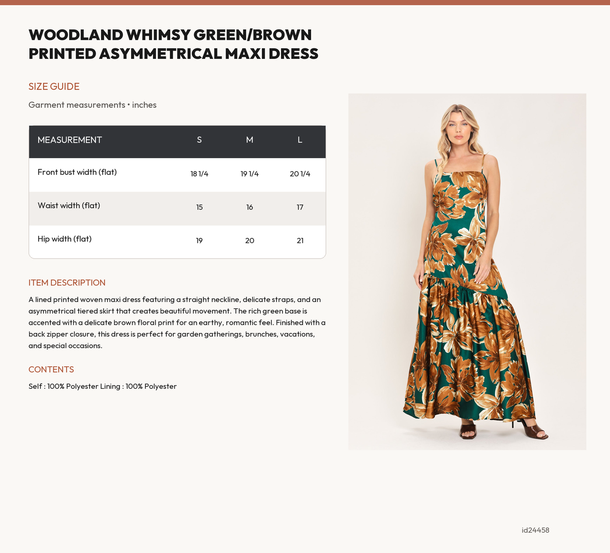 WOODLAND WHIMSY GREEN/BROWN PRINTED ASYMMETRICAL MAXI DRESS size chart