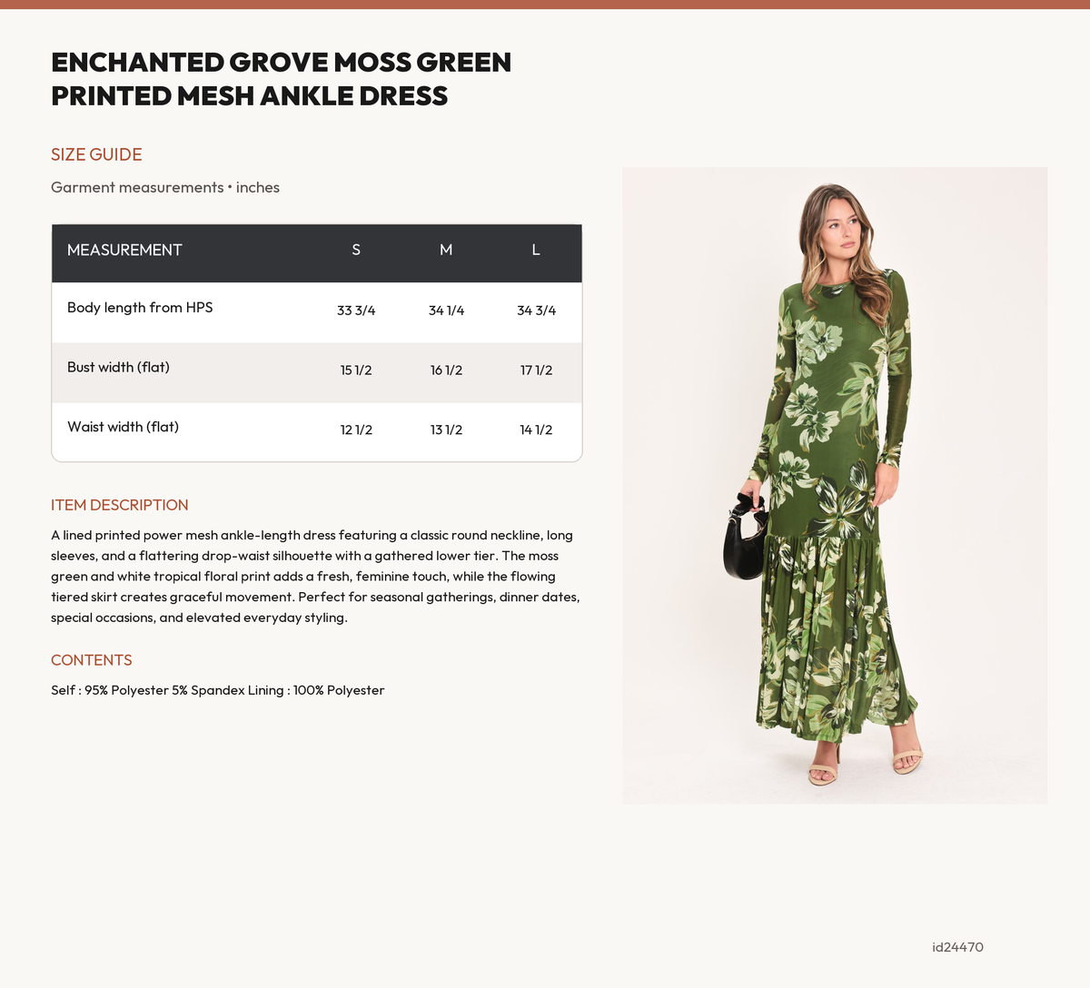 ENCHANTED GROVE MOSS GREEN PRINTED MESH ANKLE DRESS size chart