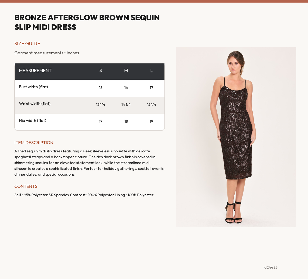BRONZE AFTERGLOW BROWN SEQUIN SLIP MIDI DRESS size chart