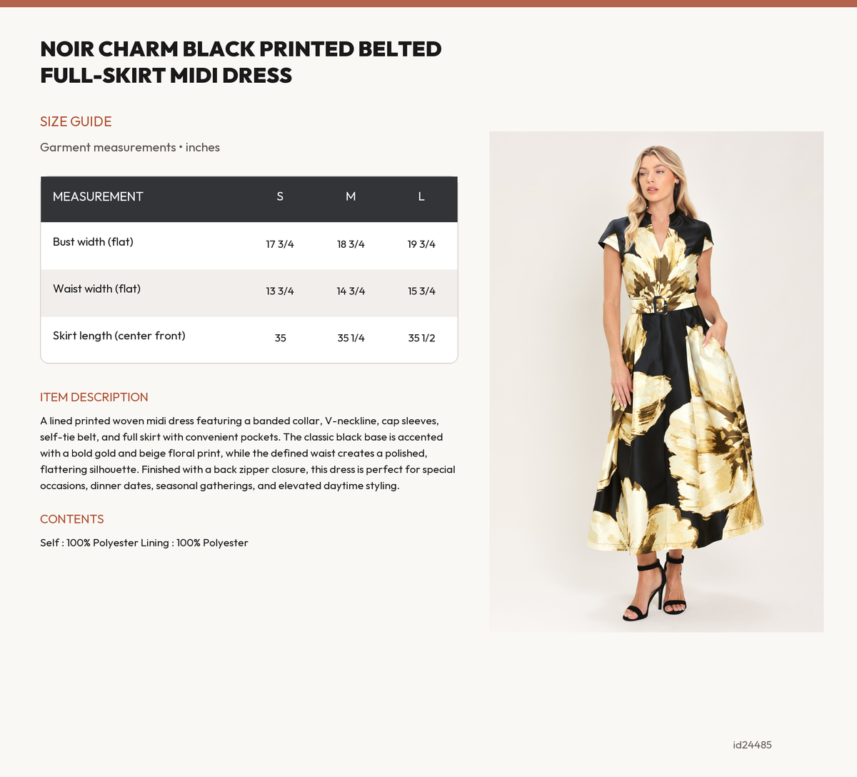NOIR CHARM BLACK PRINTED BELTED FULL-SKIRT MIDI DRESS size chart