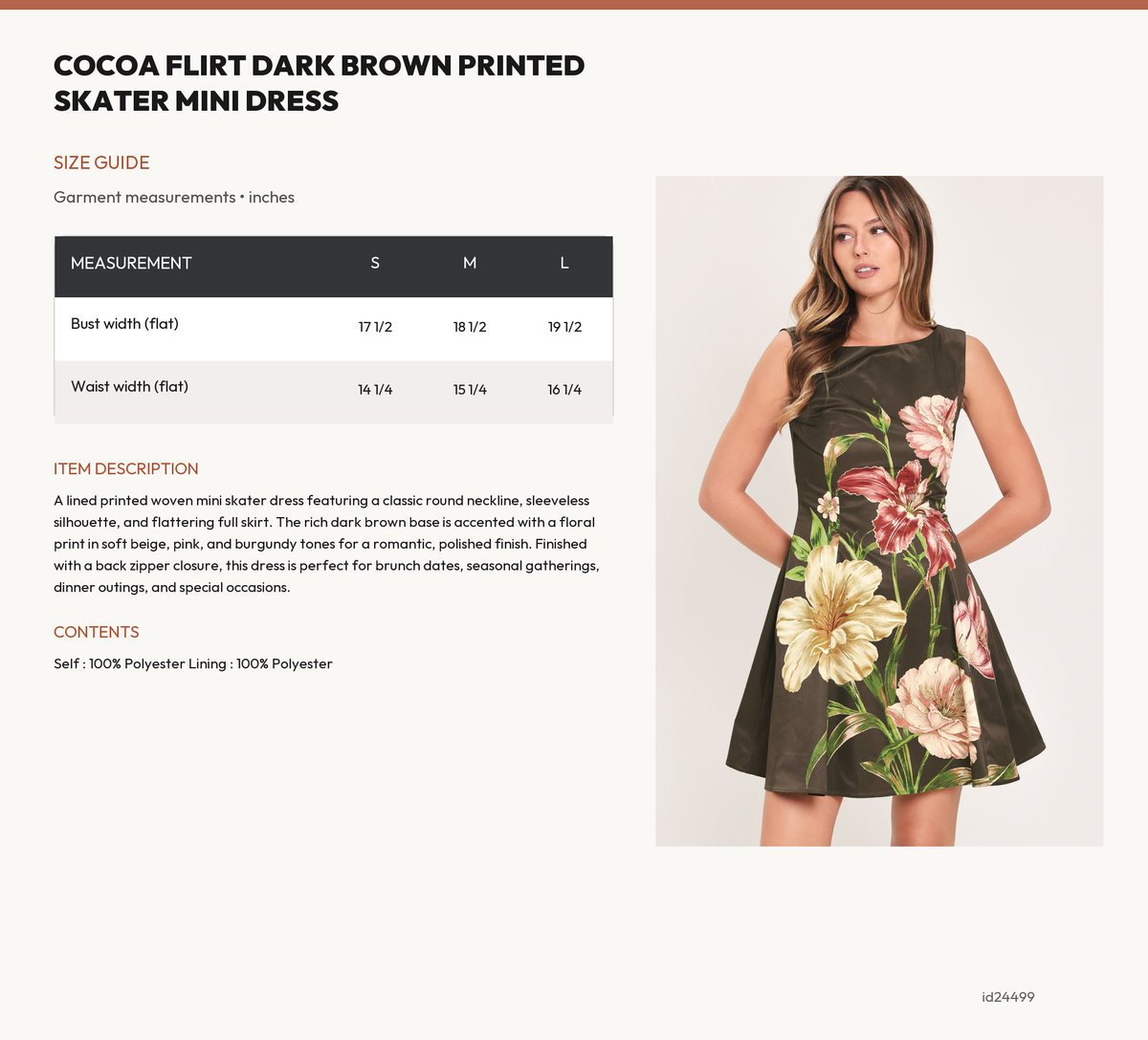 COCOA FLIRT DARK BROWN PRINTED SKATER MINI DRESS size chart