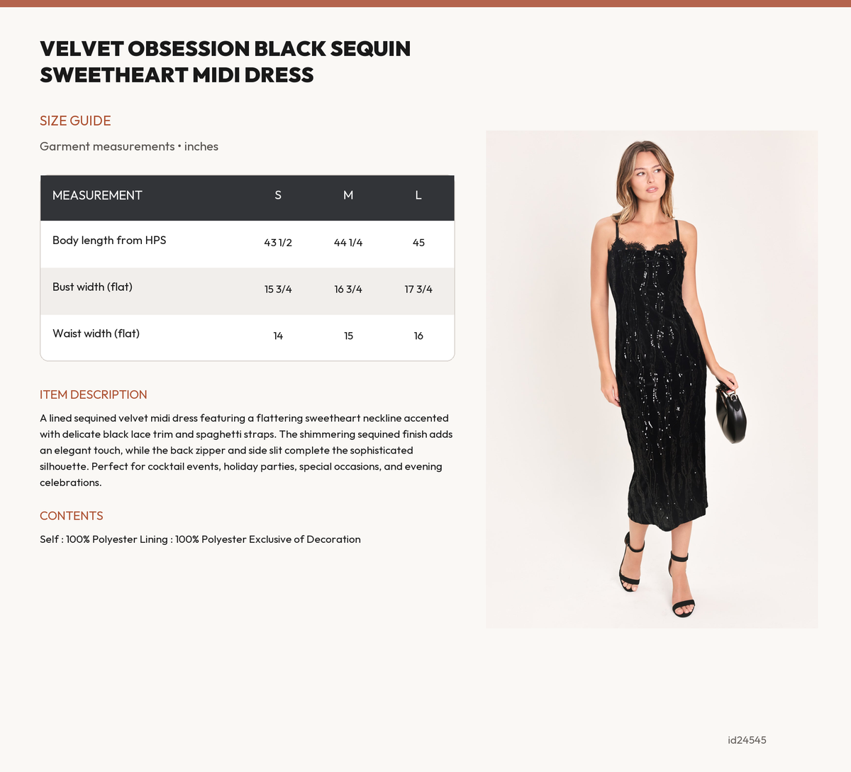 VELVET OBSESSION BLACK SEQUIN SWEETHEART MIDI DRESS size chart