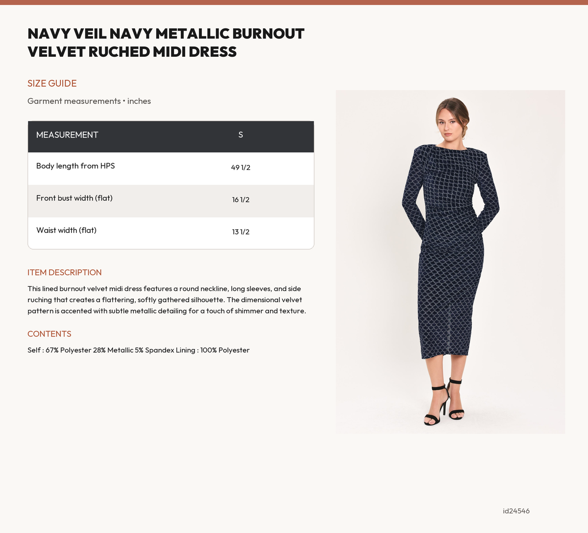 NAVY VEIL NAVY METALLIC BURNOUT VELVET RUCHED MIDI DRESS size chart