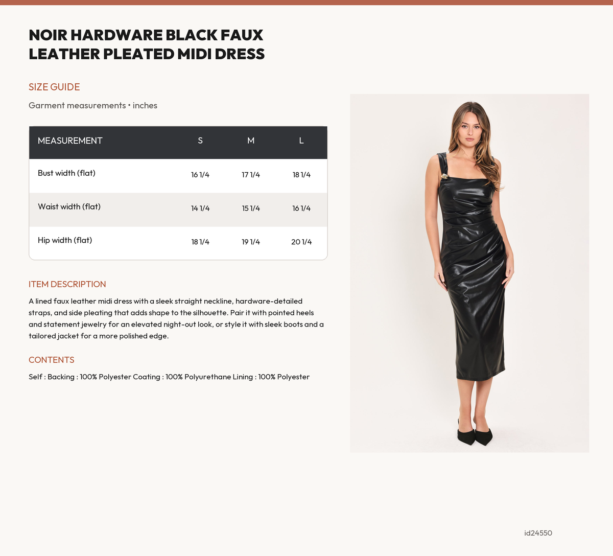 NOIR HARDWARE BLACK FAUX LEATHER PLEATED MIDI DRESS size chart
