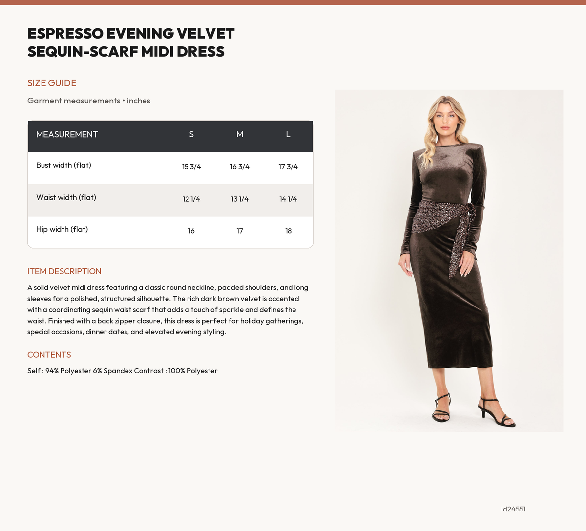 ESPRESSO EVENING VELVET SEQUIN-SCARF MIDI DRESS size chart