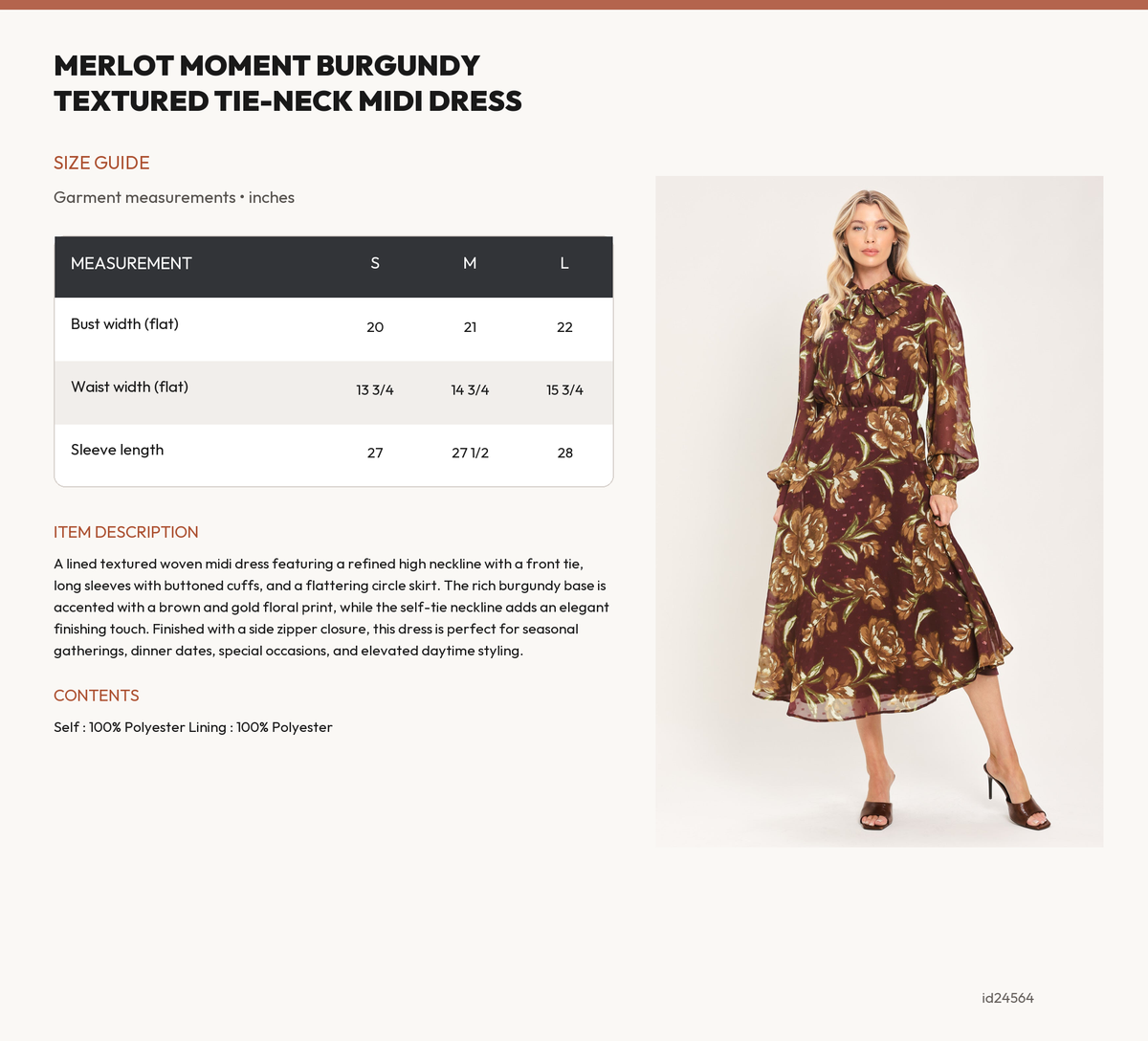 MERLOT MOMENT BURGUNDY TEXTURED TIE-NECK MIDI DRESS size chart
