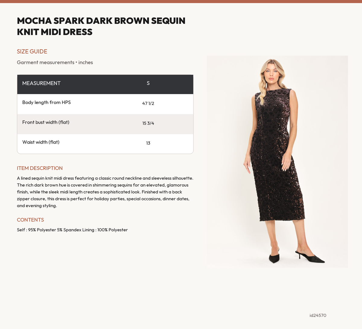 MOCHA SPARK DARK BROWN SEQUIN KNIT MIDI DRESS size chart