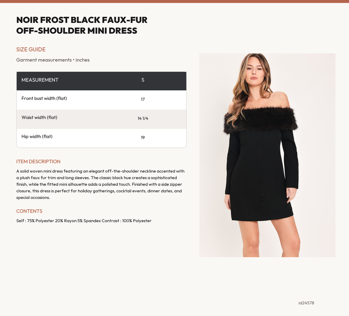 NOIR FROST BLACK FAUX-FUR OFF-SHOULDER MINI DRESS size chart