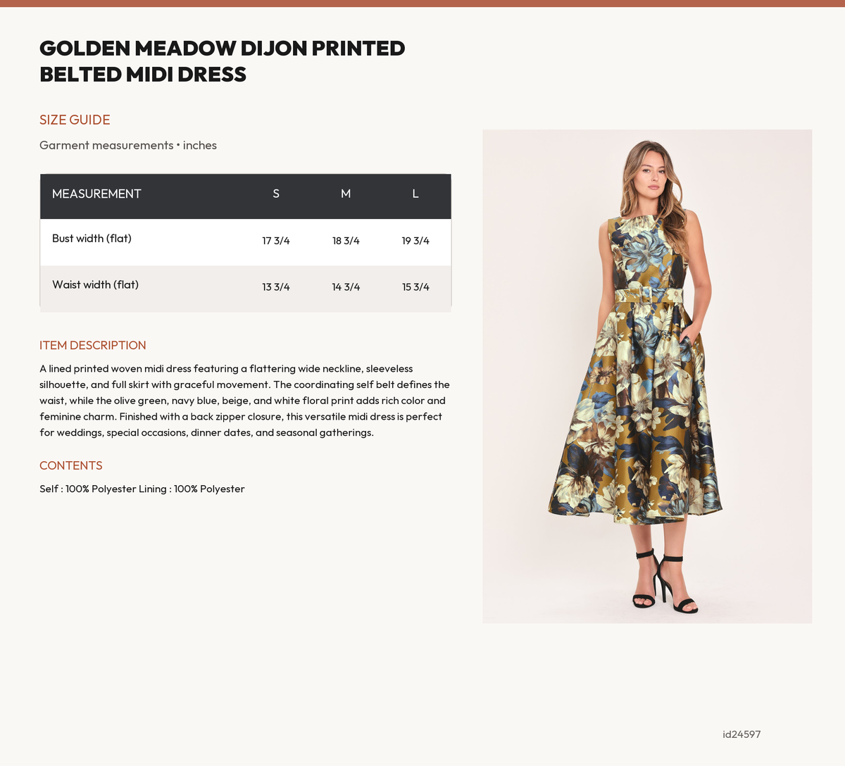 GOLDEN MEADOW DIJON PRINTED BELTED MIDI DRESS size chart