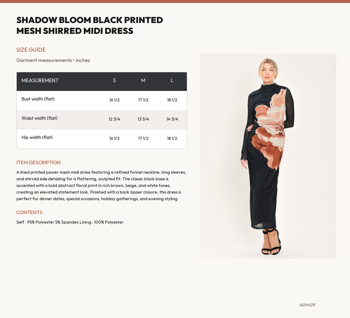 SHADOW BLOOM BLACK PRINTED MESH SHIRRED MIDI DRESS size chart
