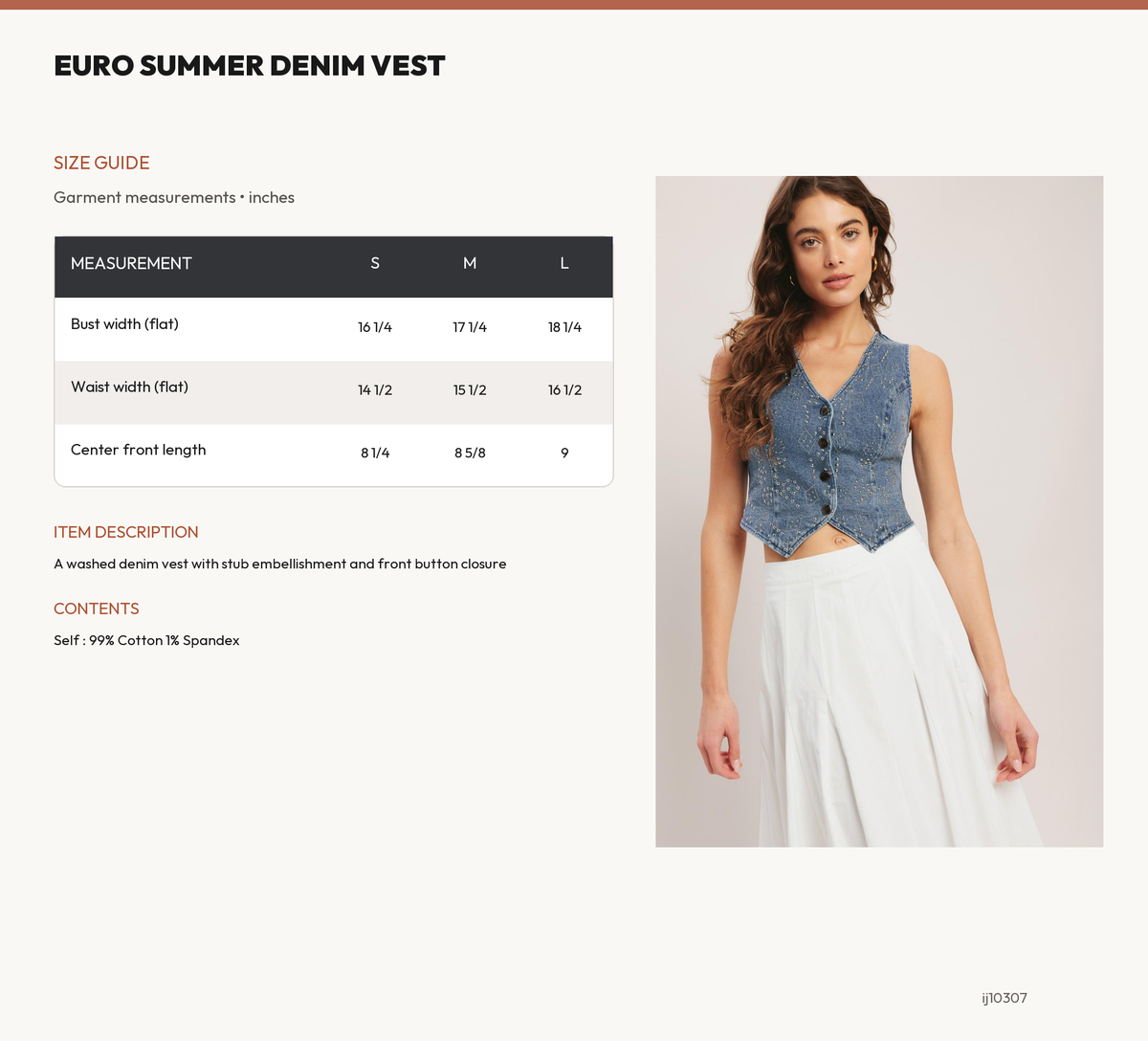EURO SUMMER DENIM VEST size chart