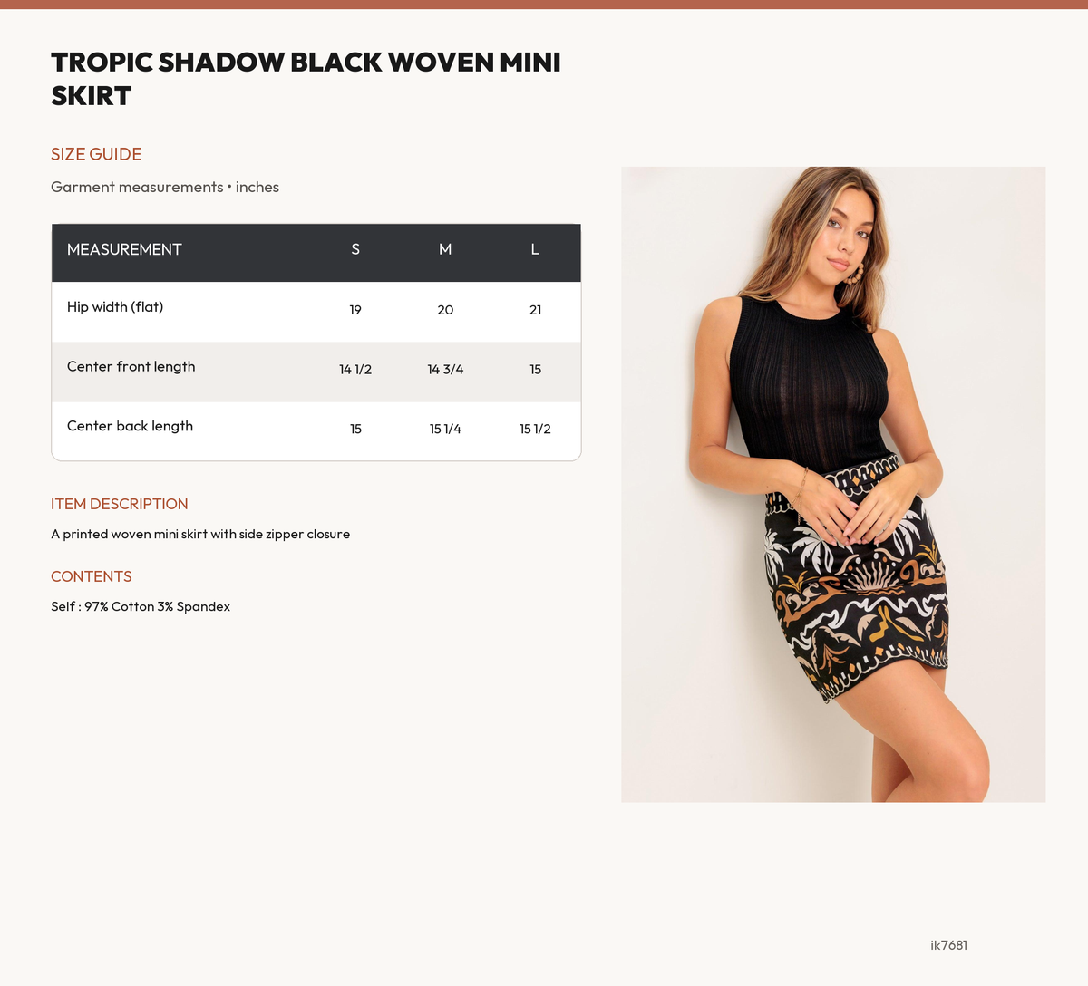 TROPIC SHADOW BLACK WOVEN MINI SKIRT size chart