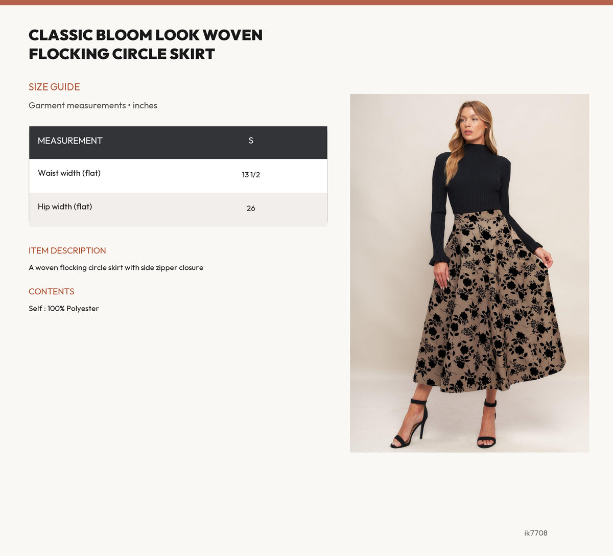 CLASSIC BLOOM LOOK WOVEN FLOCKING CIRCLE SKIRT size chart
