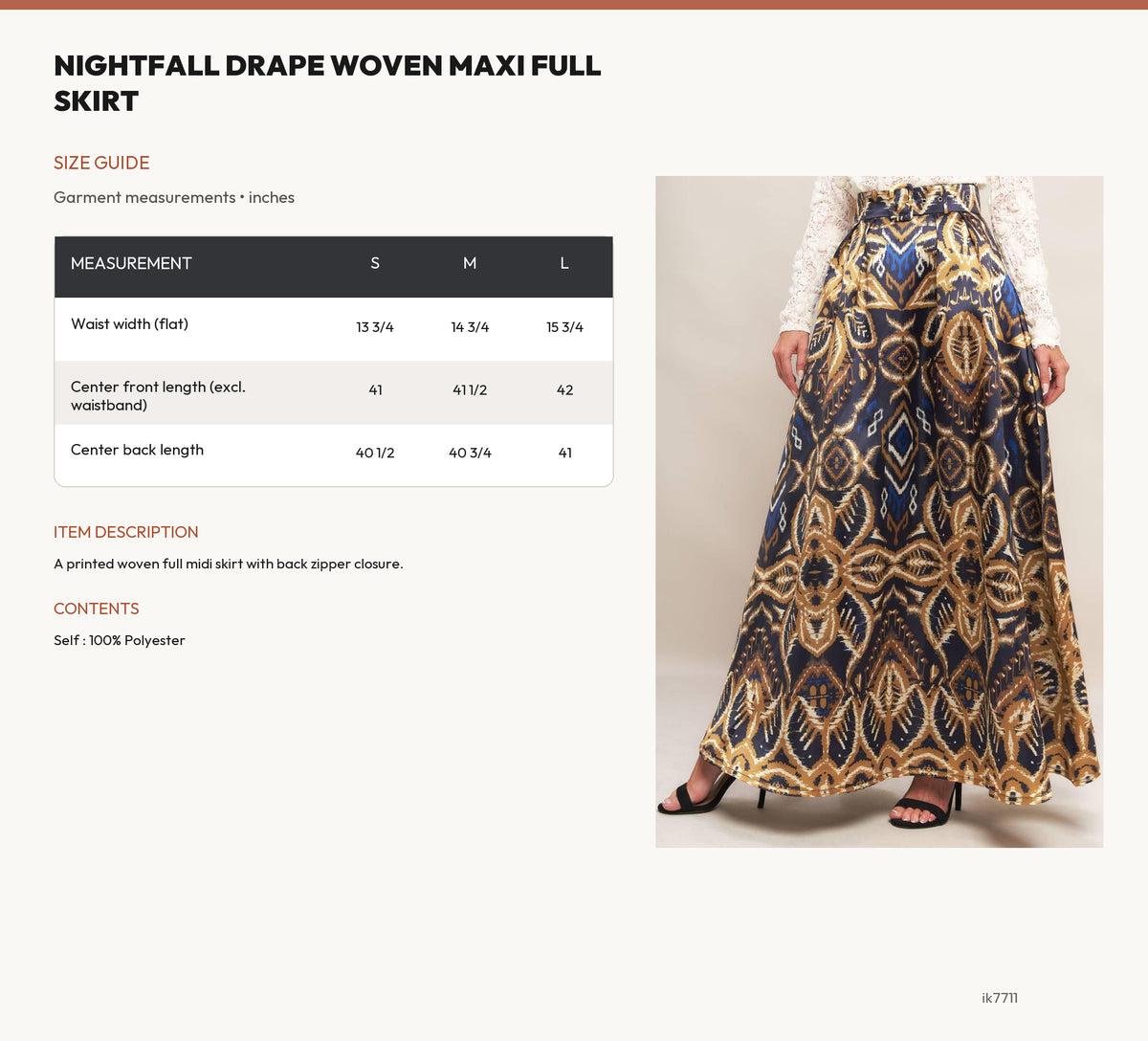 NIGHTFALL DRAPE WOVEN MAXI FULL SKIRT size chart